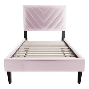 Poundex Twin Adjustable V Stitch Headboard Modern Velvet Platform Bed Light Pink