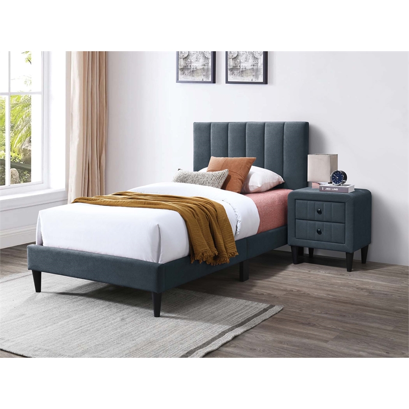 Poundex Charcoal Fabric Adjustable Channel Tufted Twin Bed Frame