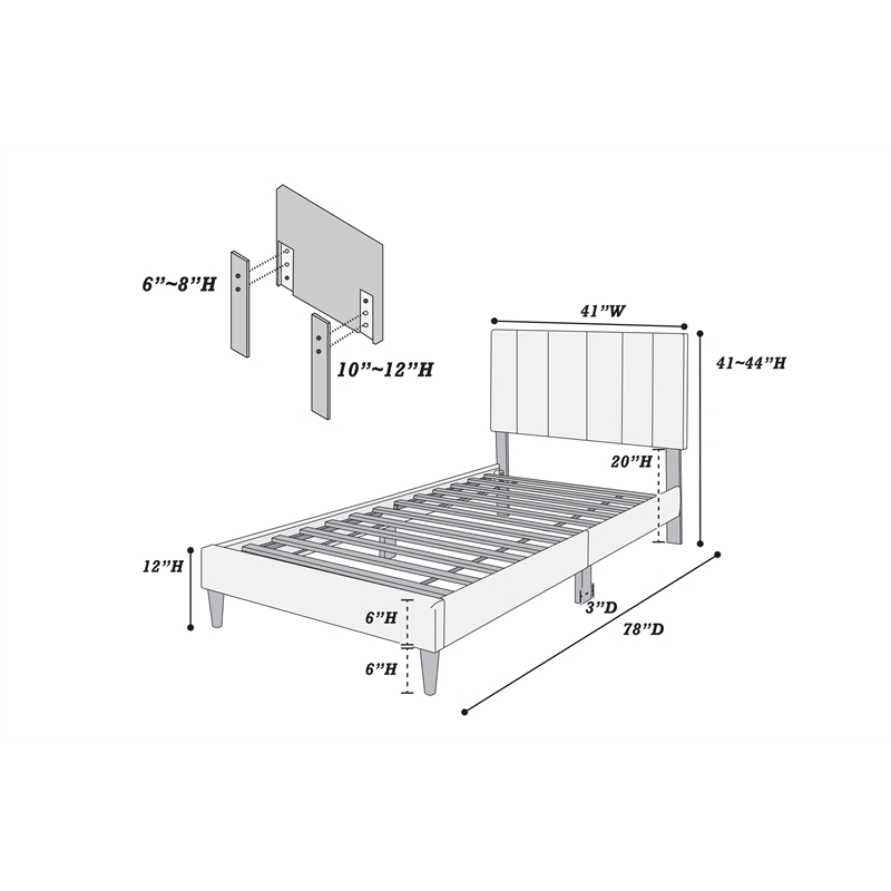 Poundex Charcoal Fabric Adjustable Channel Tufted Twin Bed Frame
