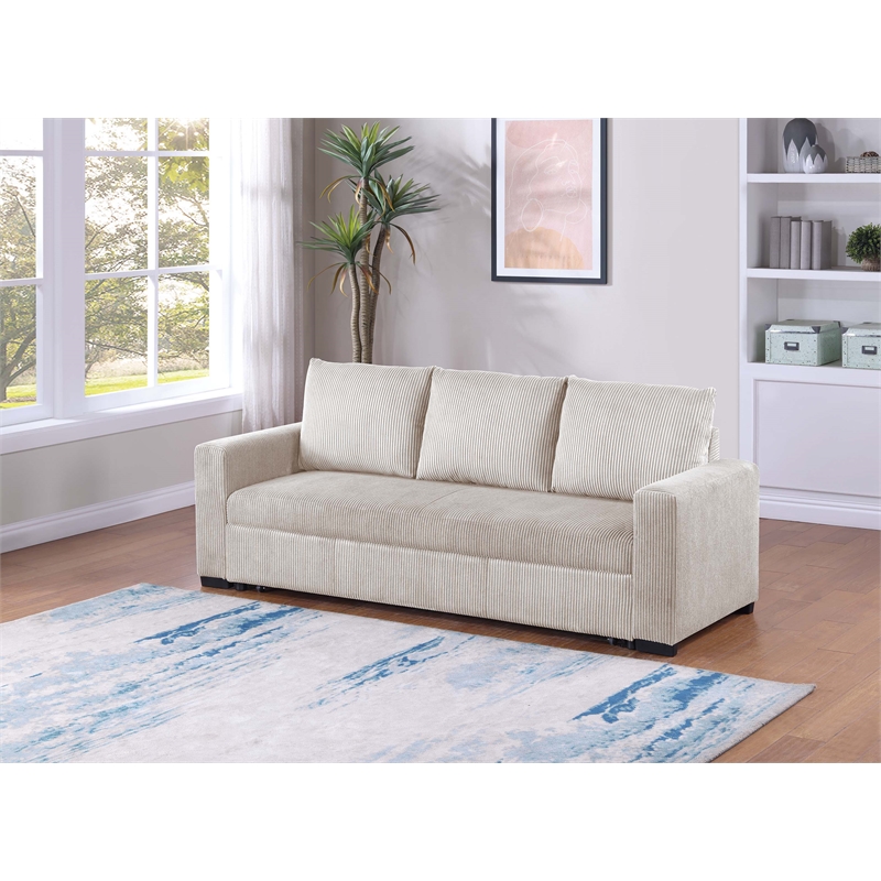 Poundex Convertible Corduroy Sofa in Ivory with Foam Cushions