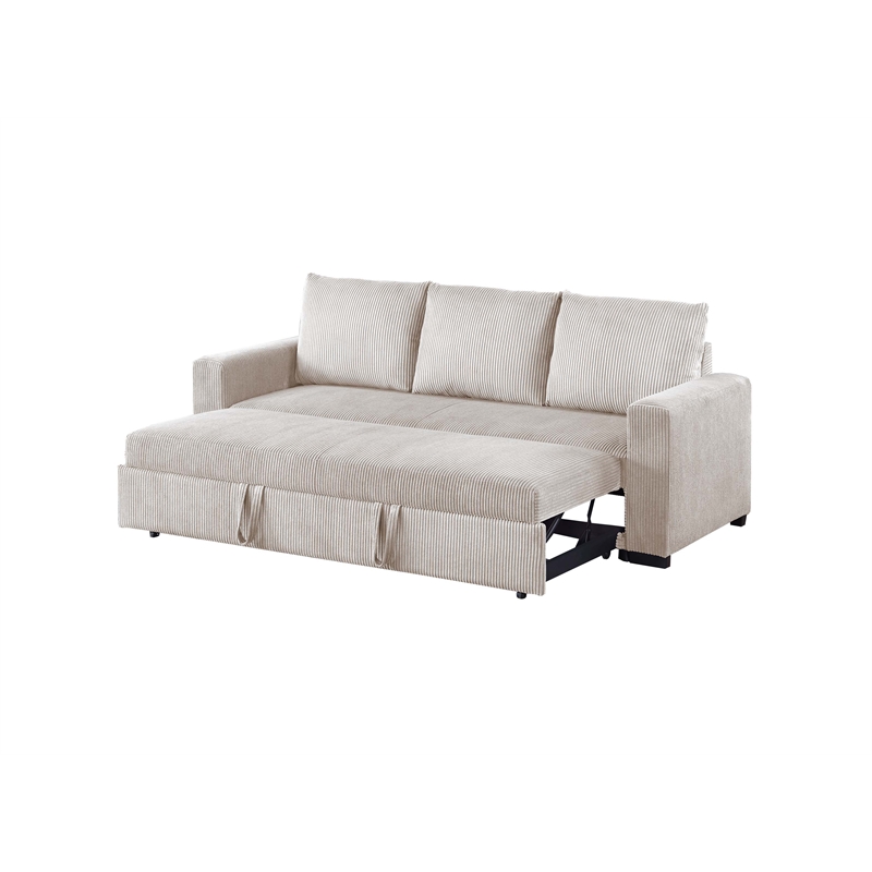 Poundex Convertible Corduroy Sofa in Ivory with Foam Cushions