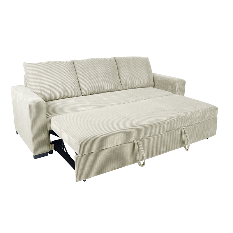 Poundex Convertible Corduroy Sofa in Ivory with Foam Cushions