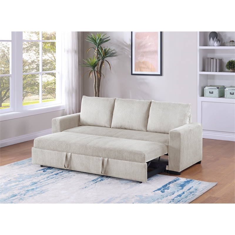 Poundex Convertible Corduroy Sofa in Ivory with Foam Cushions