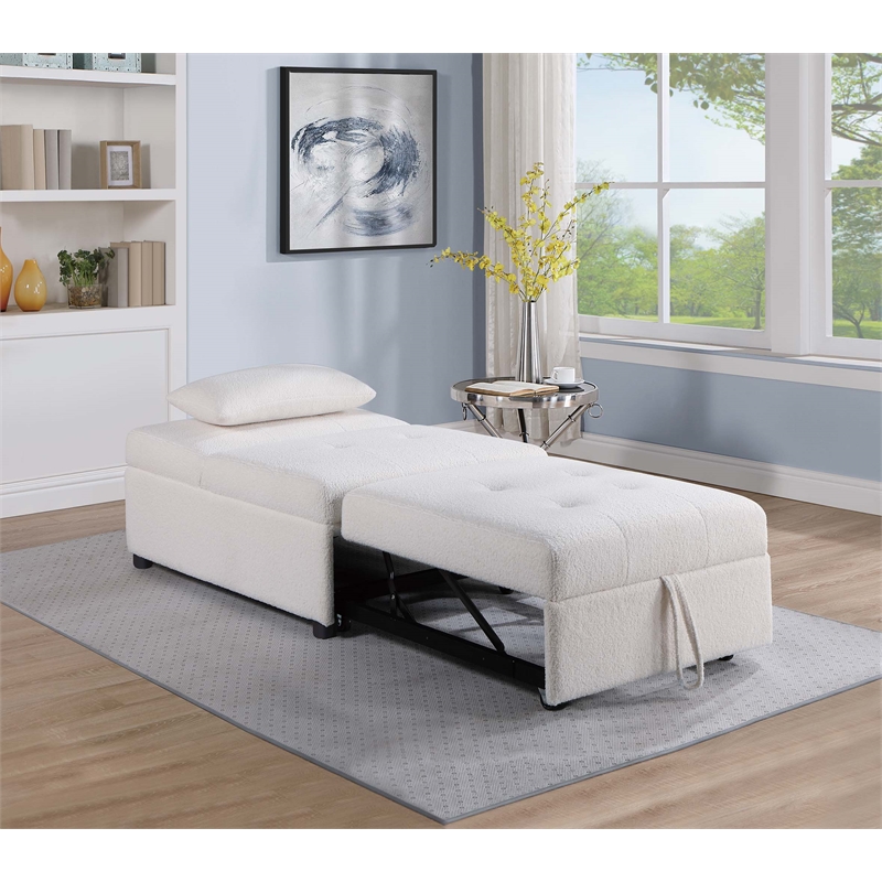 Poundex Upholstered Sherpa Wool Fabric Convertible Chair in White Color