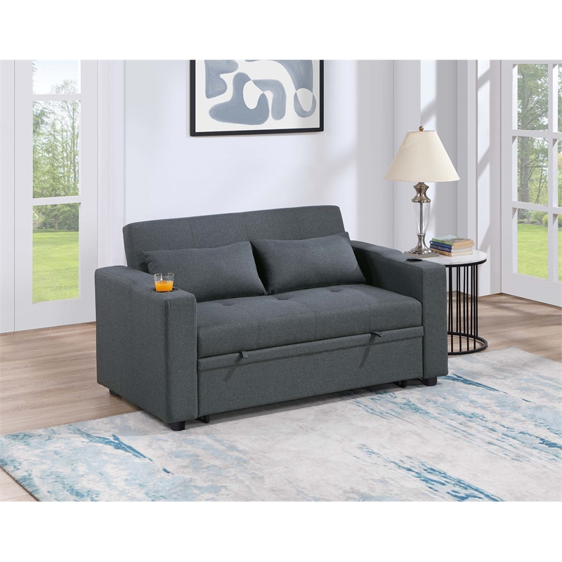 Poundex Fabric Convertible Sofa in Charcoal with Built-In Cupholders