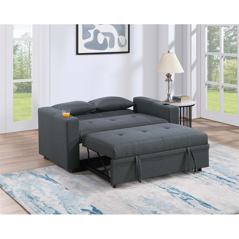 Poundex Fabric Convertible Sofa in Charcoal with Built-In Cupholders