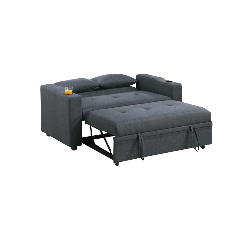 Poundex Fabric Convertible Sofa in Charcoal with Built-In Cupholders