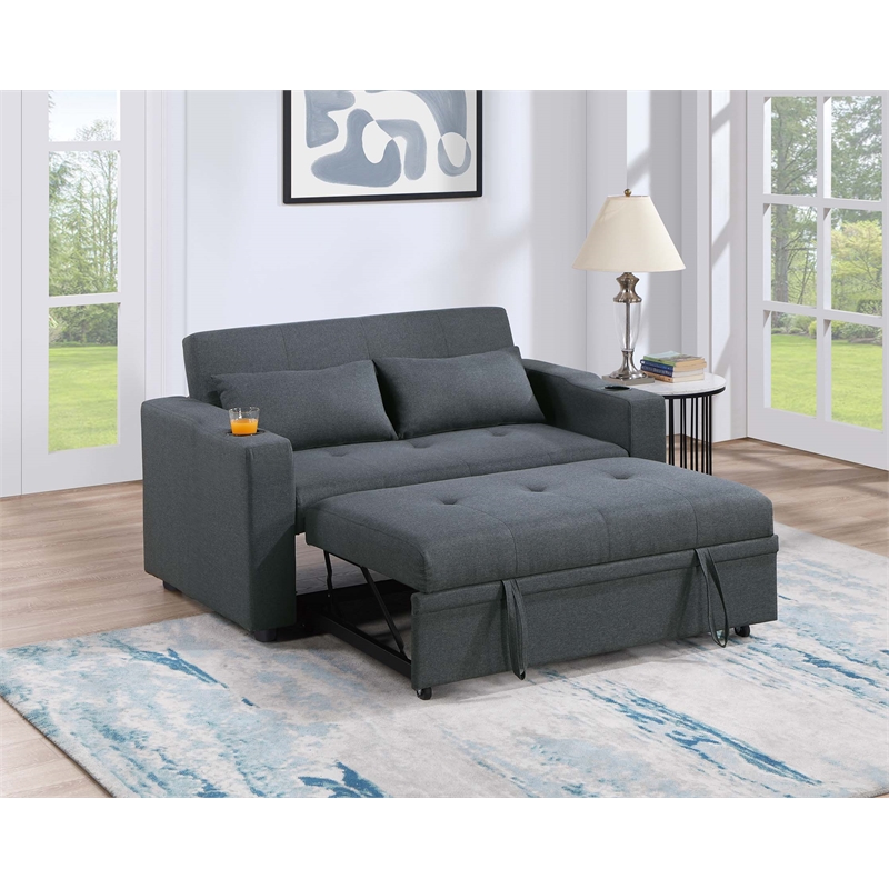 Poundex Fabric Convertible Sofa in Charcoal with Built-In Cupholders