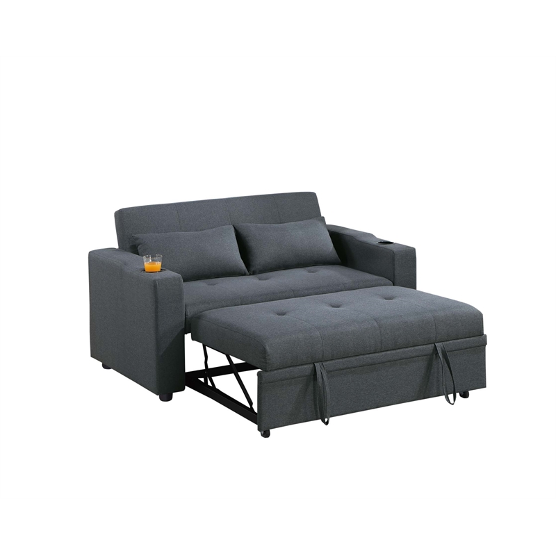 Poundex Fabric Convertible Sofa in Charcoal with Built-In Cupholders