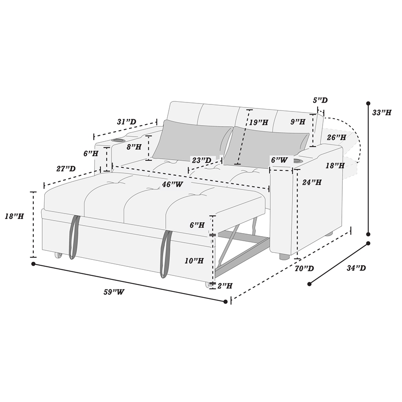 Poundex Fabric Convertible Sofa in Charcoal with Built-In Cupholders