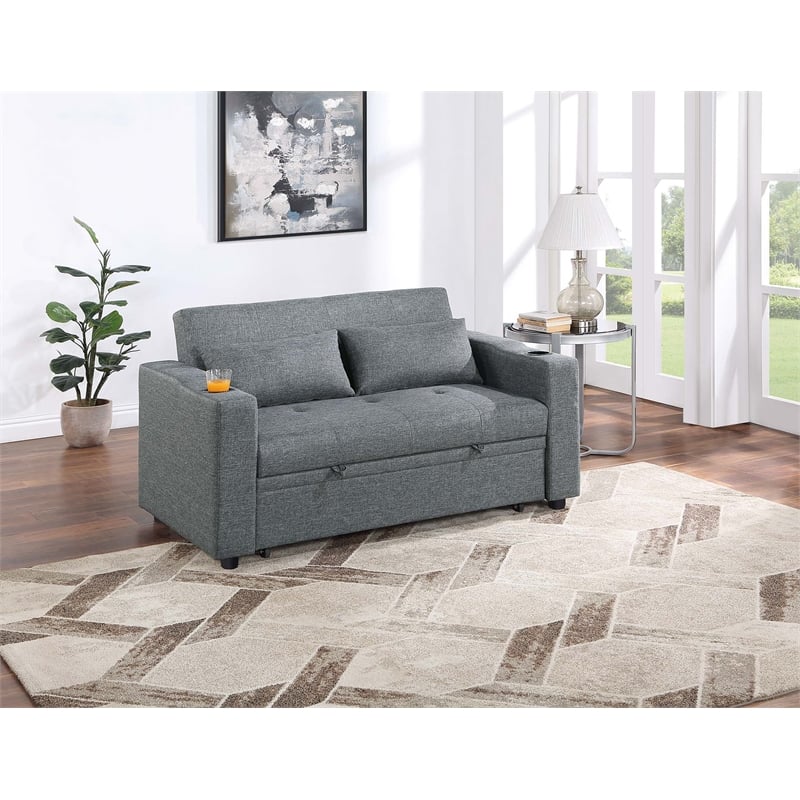 Poundex Convertible Fabric Sofa with Cupholders in Dark Gray