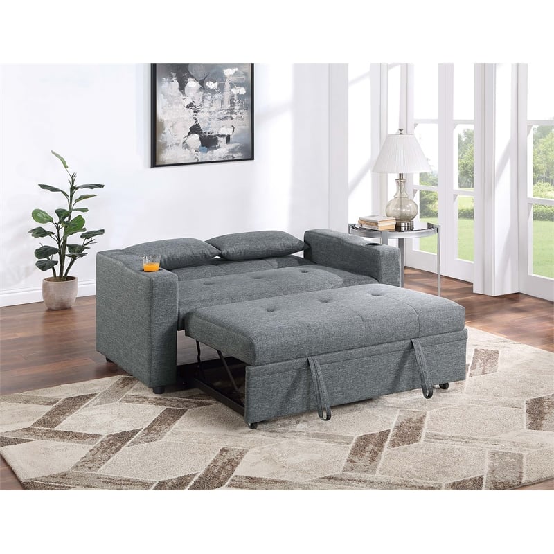 Poundex Convertible Fabric Sofa with Cupholders in Dark Gray