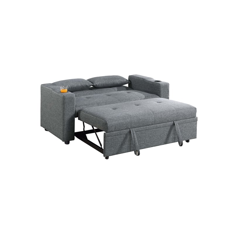 Poundex Convertible Fabric Sofa with Cupholders in Dark Gray