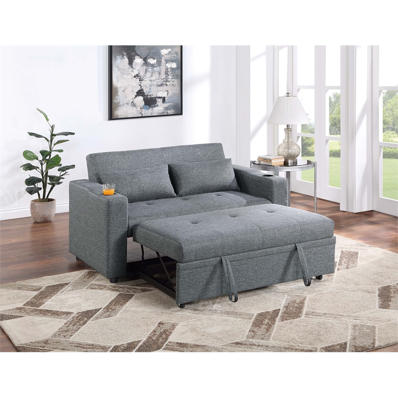 Poundex Convertible Fabric Sofa with Cupholders in Dark Gray