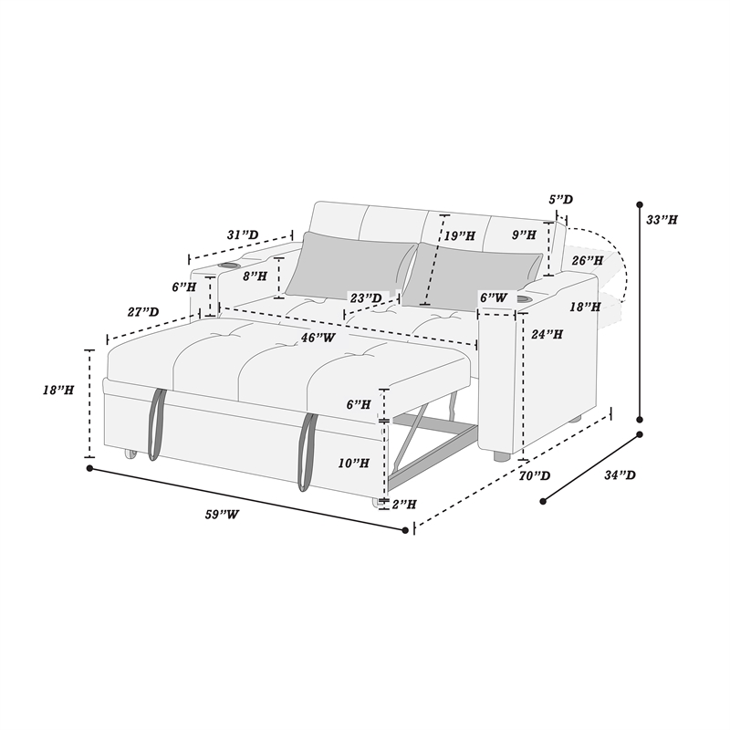 Poundex Convertible Fabric Sofa with Cupholders in Dark Gray