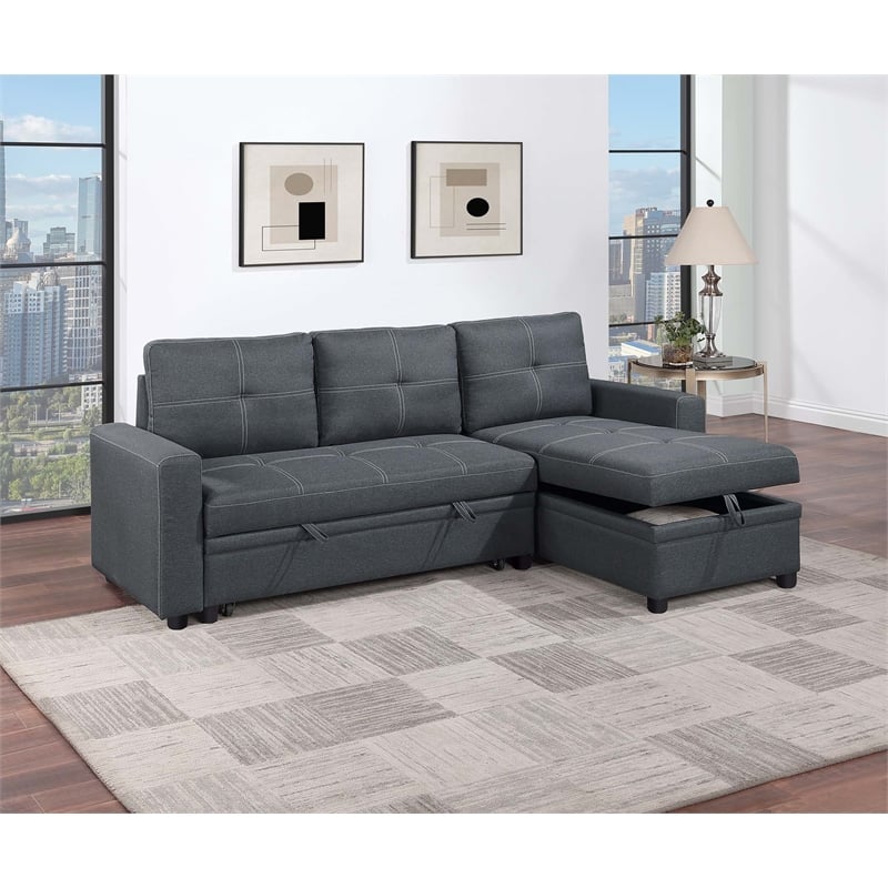 Poundex Reversible Convertible Sectional Fabric Upholstered in Charcoal