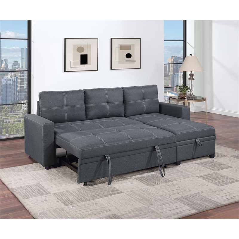 Poundex Reversible Convertible Sectional Fabric Upholstered in Charcoal