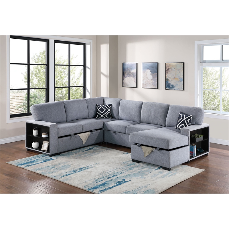 Poundex 4-Piece Convertible Cotton Sectional in Gray Upholstery