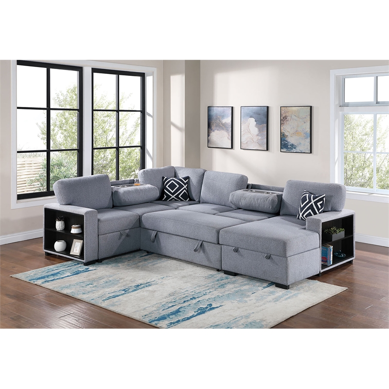 Poundex 4-Piece Convertible Cotton Sectional in Gray Upholstery