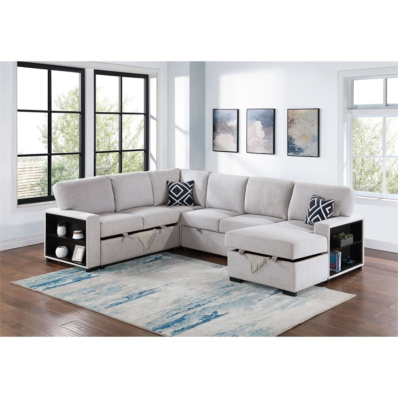 Poundex 4-Piece Convertible Cotton Sectional in Beige Upholstery