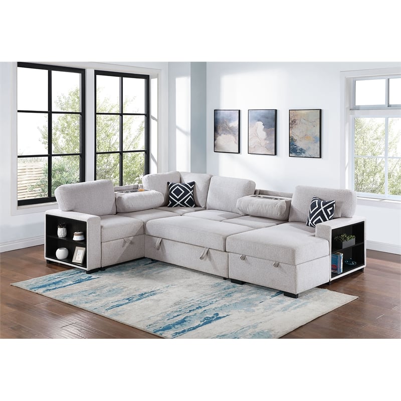 Poundex 4-Piece Convertible Cotton Sectional in Beige Upholstery