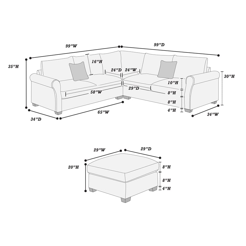 Poundex Foam Upholstered Corduroy 4-Piece Sectional in Dark Gray