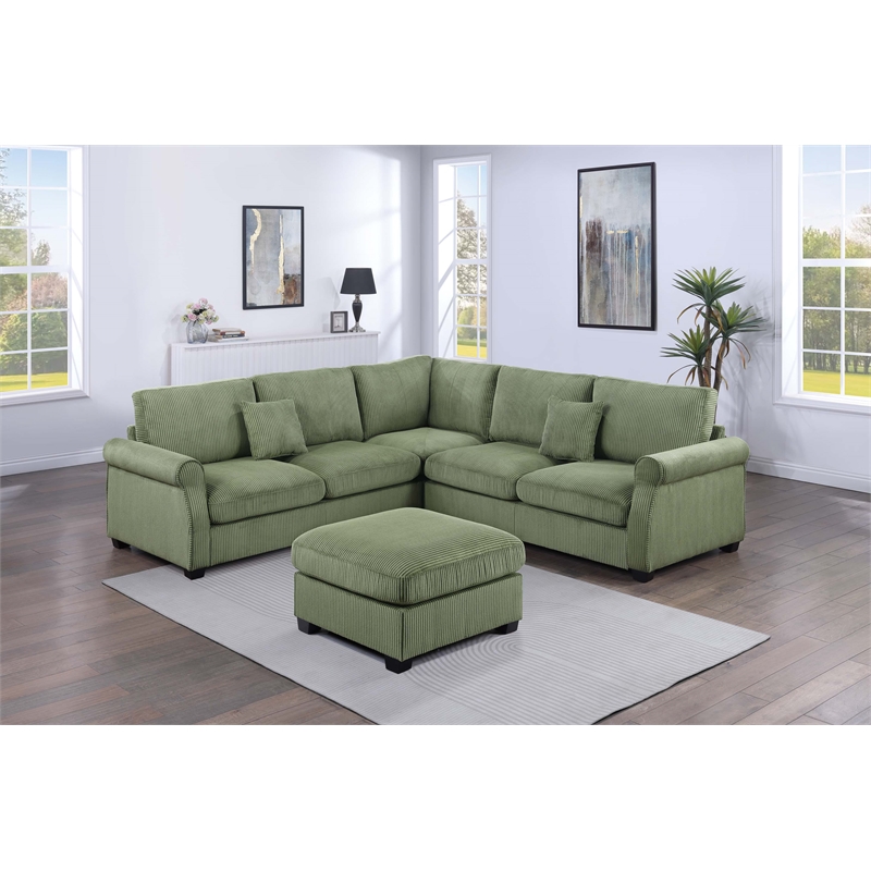 Poundex Upholstered Corduroy 4-Piece Sectional in Sage with Foam Cushions