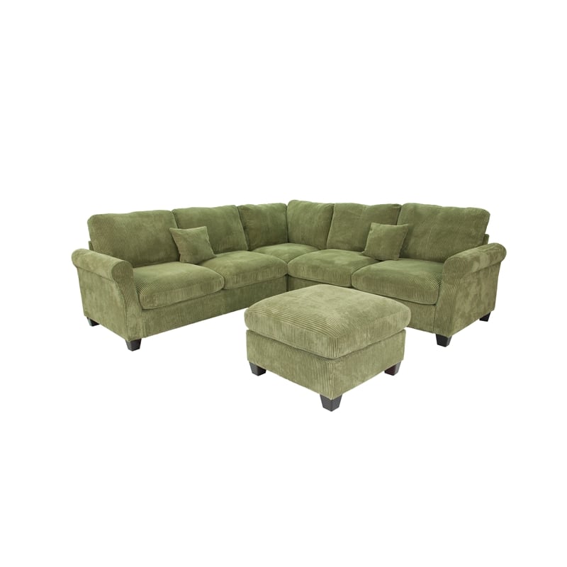 Poundex Upholstered Corduroy 4-Piece Sectional in Sage with Foam Cushions