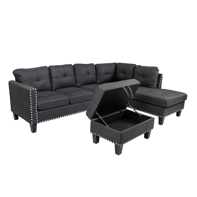 Poundex 3-Piece Charcoal Fabric Upholstered Sectional Sofa Set with Ottoman