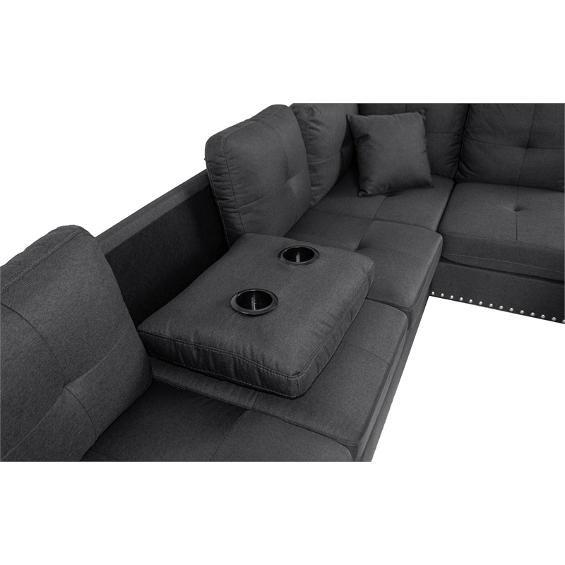Poundex 3-Piece Charcoal Fabric Upholstered Sectional Sofa Set with Ottoman