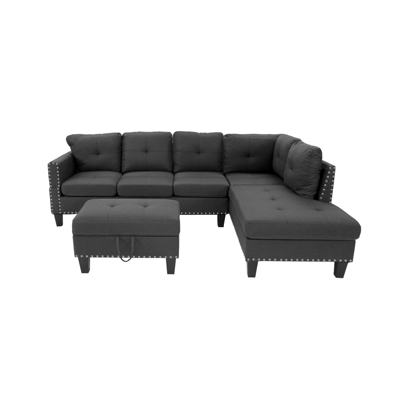 Poundex 3-Piece Charcoal Fabric Upholstered Sectional Sofa Set with Ottoman