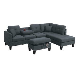 Poundex 3-Piece Charcoal Fabric Upholstered Sectional Sofa Set with Ottoman