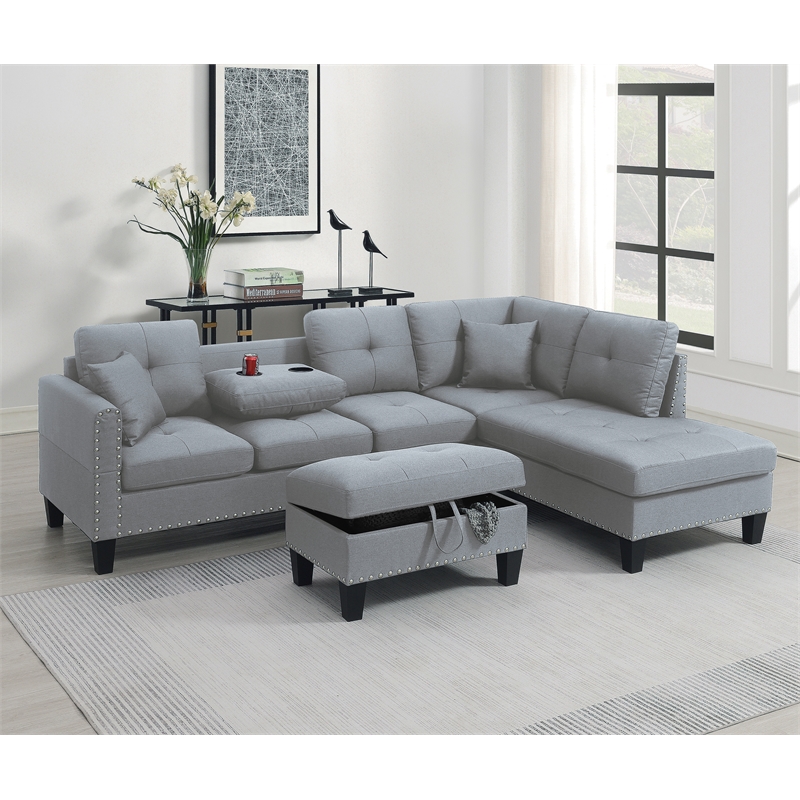 Poundex 3-Piece Gray Fabric Upholstered Sectional Sofa Set with Ottoman
