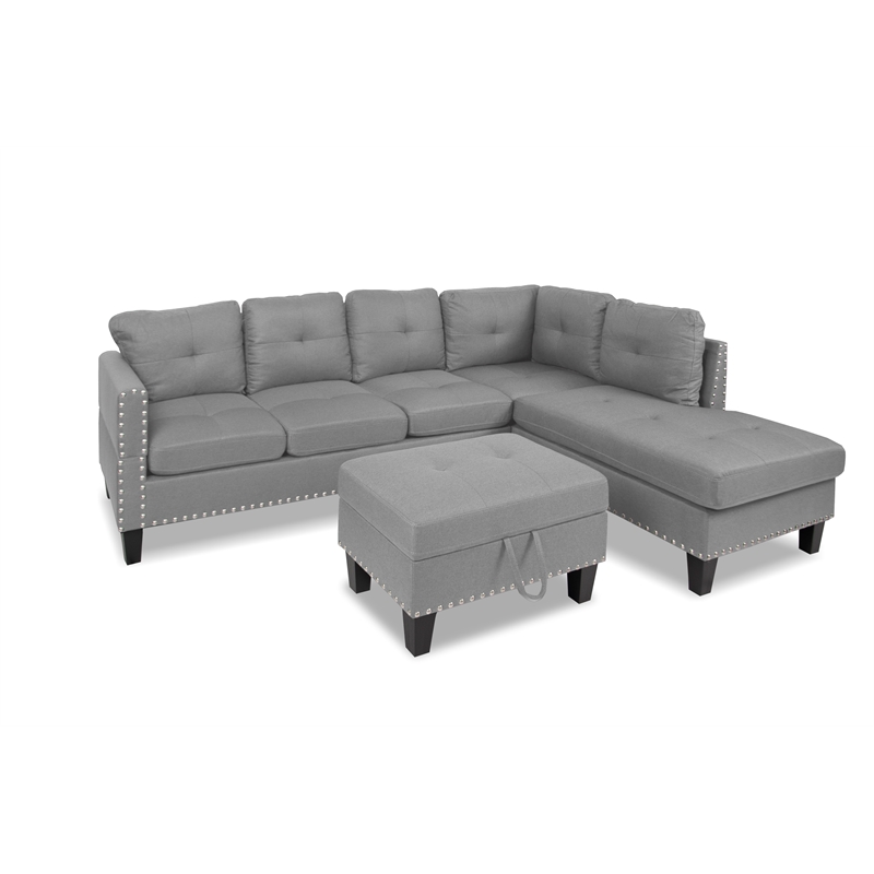 Poundex 3-Piece Gray Fabric Upholstered Sectional Sofa Set with Ottoman