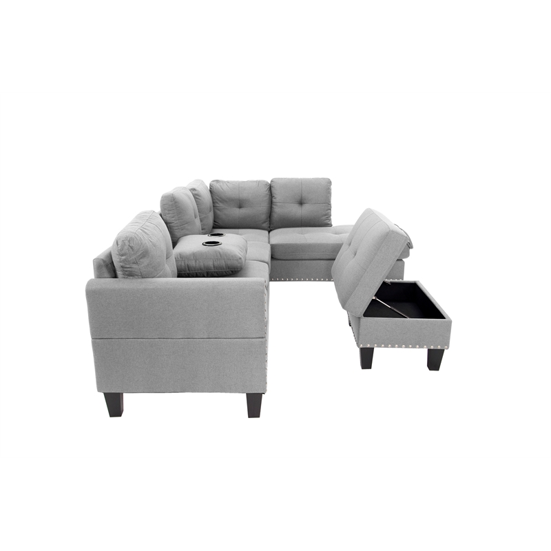 Poundex 3-Piece Gray Fabric Upholstered Sectional Sofa Set with Ottoman