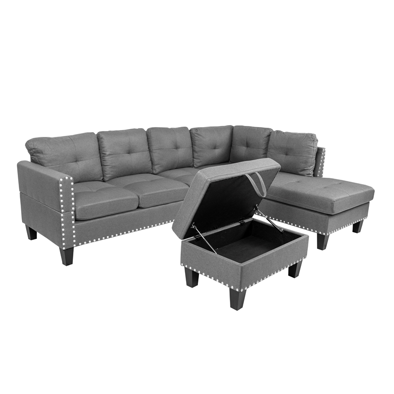 Poundex 3-Piece Gray Fabric Upholstered Sectional Sofa Set with Ottoman