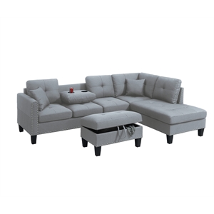 Poundex 3-Piece Gray Fabric Upholstered Sectional Sofa Set with Ottoman