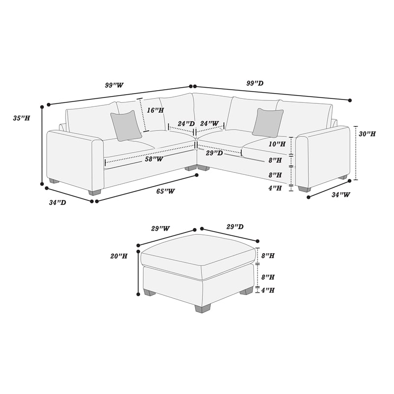 Poundex Foam-Filled 4-Piece Sectional Sofa in Soft Light Gray