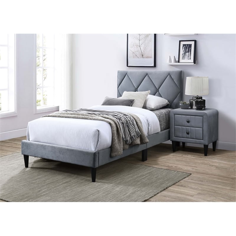 Poundex Adjustable Diamond Tufted Headboard Twin Bed Frame in Gray Velvet