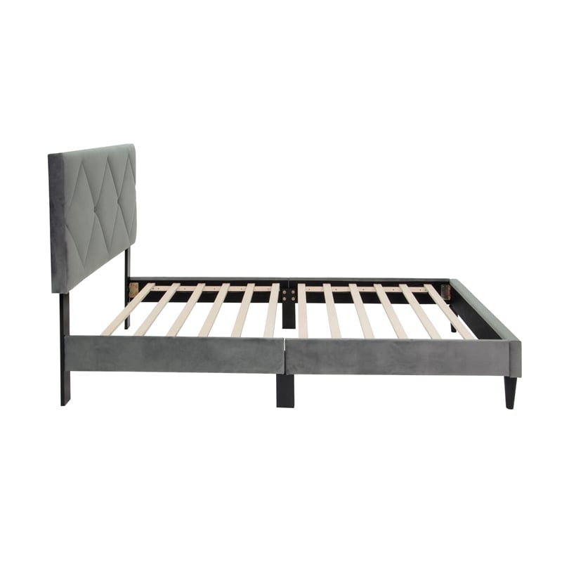 Poundex Adjustable Diamond Tufted Headboard Twin Bed Frame in Gray Velvet