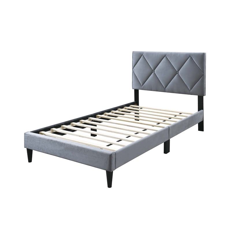 Poundex Adjustable Diamond Tufted Headboard Twin Bed Frame in Gray Velvet