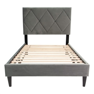 Poundex Adjustable Diamond Tufted Headboard Twin Bed Frame in Gray Velvet