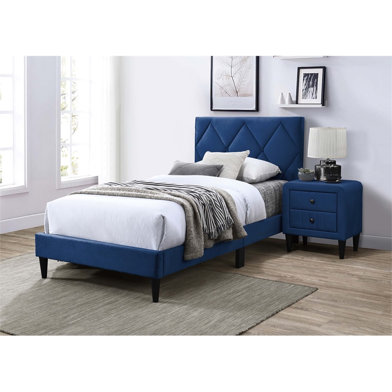 Poundex Adjustable Diamond Tufted Headboard Twin Bed Frame in Blue Velvet