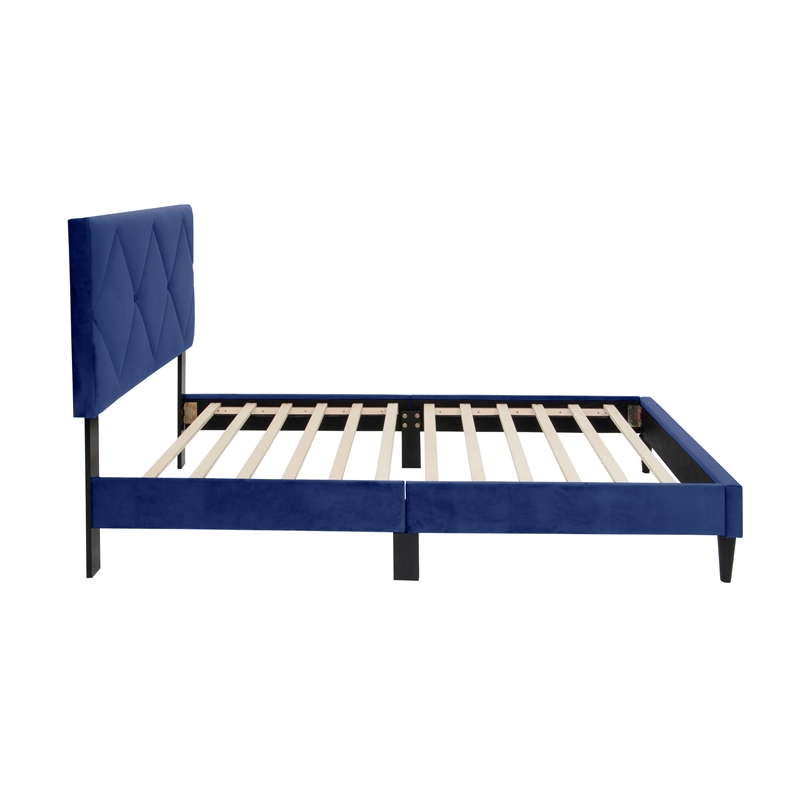 Poundex Adjustable Diamond Tufted Headboard Twin Bed Frame in Blue Velvet