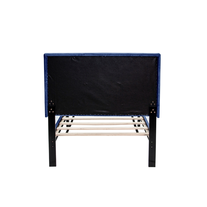 Poundex Adjustable Diamond Tufted Headboard Twin Bed Frame in Blue Velvet