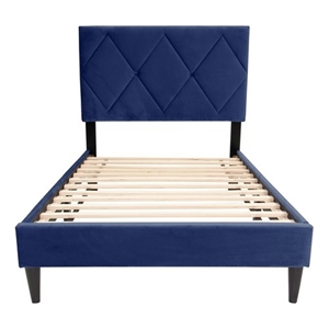 Poundex Adjustable Diamond Tufted Headboard Twin Bed Frame in Blue Velvet