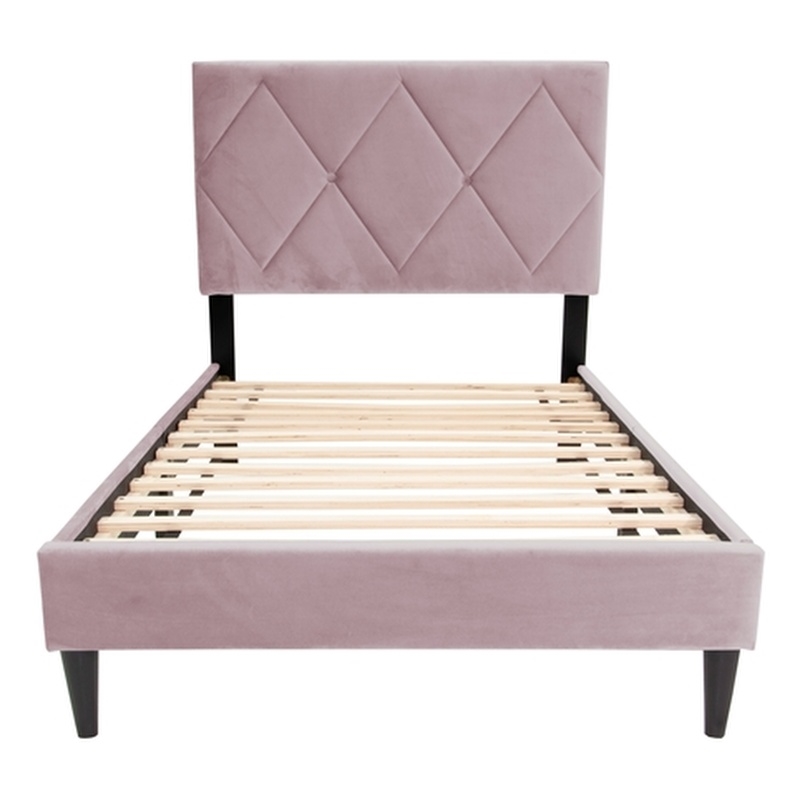 Poundex Adjustable Diamond Tufted Headboard Twin Bed Frame in Pink Velvet
