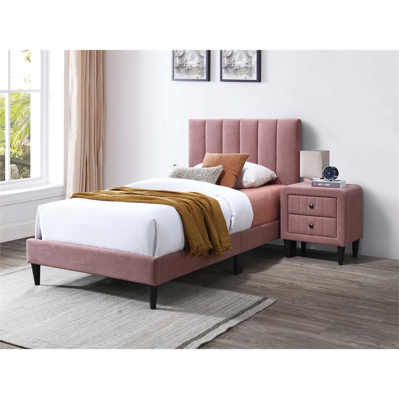 Poundex Adjustable Channel Tufted Twin Bed Frame in Pink Fabric