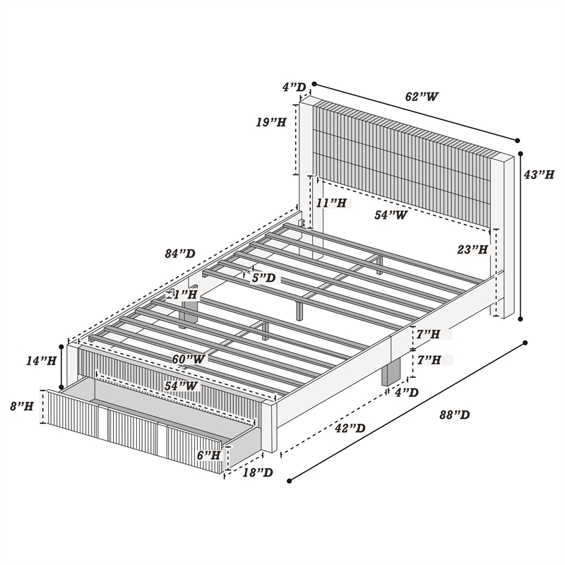 Poundex Queen Foam Platform Bed with Underbed Storage in Charcoal