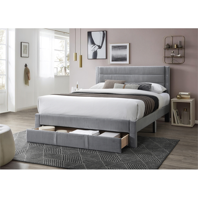 Poundex Queen Foam Platform Bed with Underbed Storage in Gray